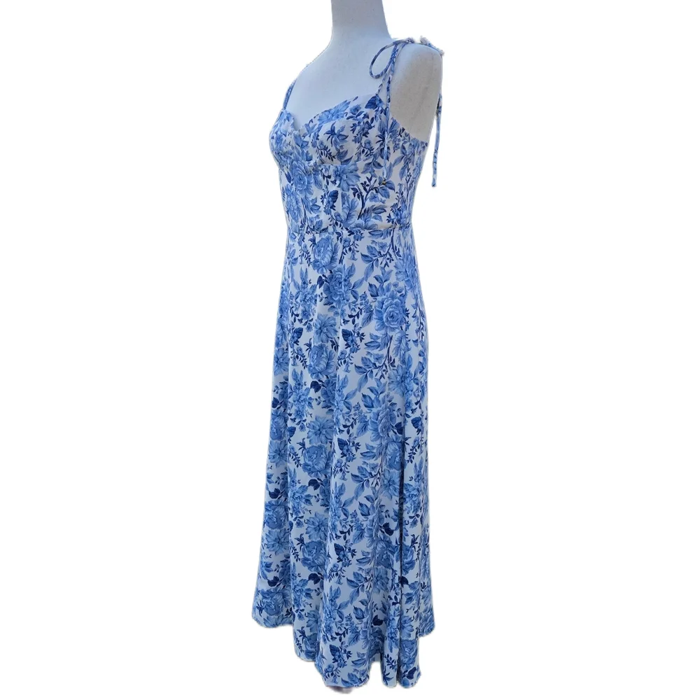 ​Petal & Pup Blue Floral Tie Strap Midi Dress Smocked Back Front Side Slit - Picture 6 of 16